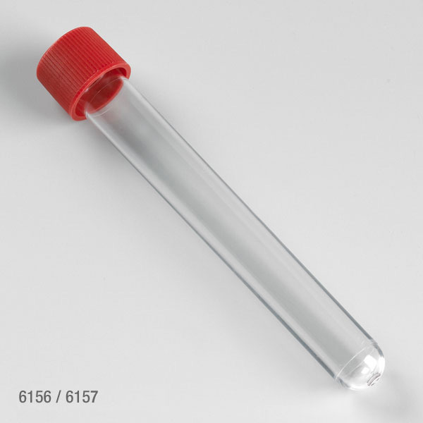 Globe Scientific Test Tube with Attached Red Screw Cap, 16 x 120mm (15mL), PS, STERILE, 150/Bag, 5 Bags/Unit Screwcap Tubes; Round Bottom Tube